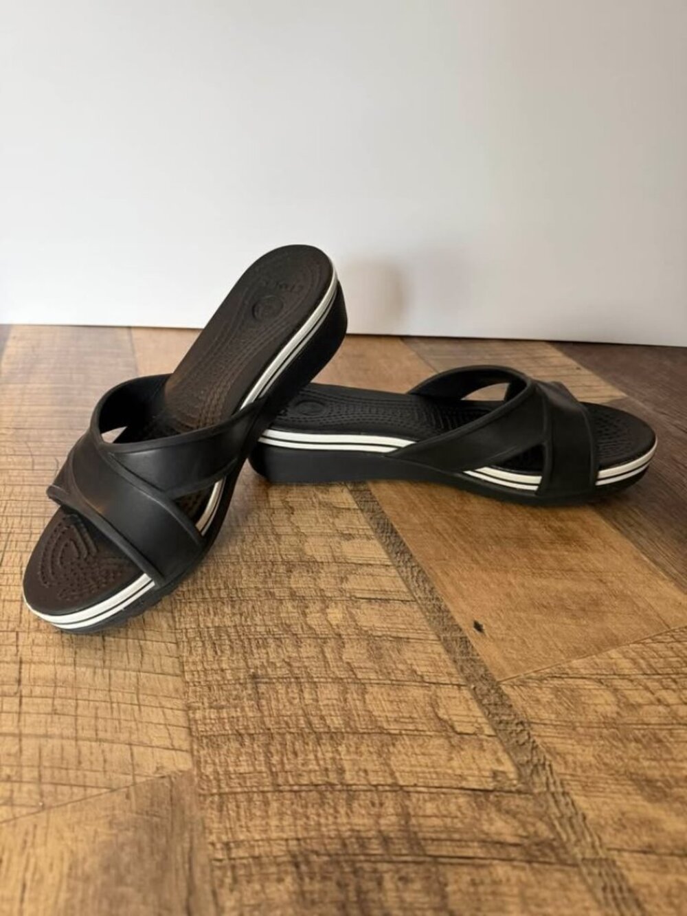 Crocs Meleen Twist Wedge Slide Sandals - Black White Women's Size 9